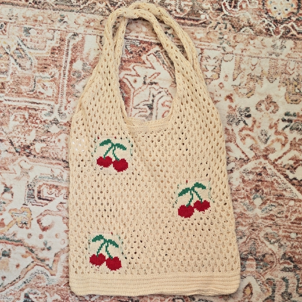 New 8 Other Reasons Ma Cherie Crochet Tote with Cherry Embroidery in Ivory